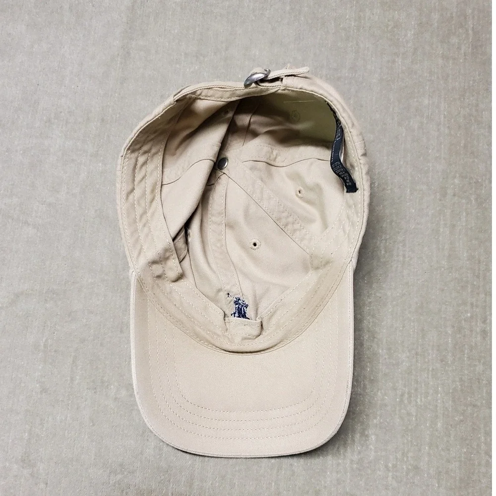 VTG 90s Polo Ralph Lauren Mens Tan Chino Cotton Baseball Cap Navy Pony Logo Hat